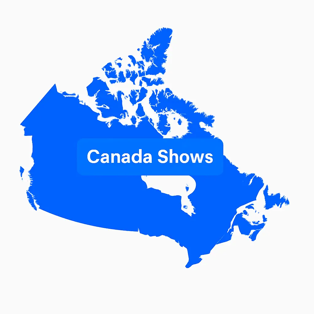 Canada map icon with the text 'Canada Shows' in white, red background, representing a directory link for trading card shows in Canada